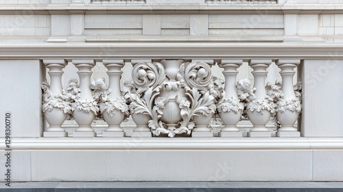 Ornate balustrade detail, building facade, urban setting, architectural design