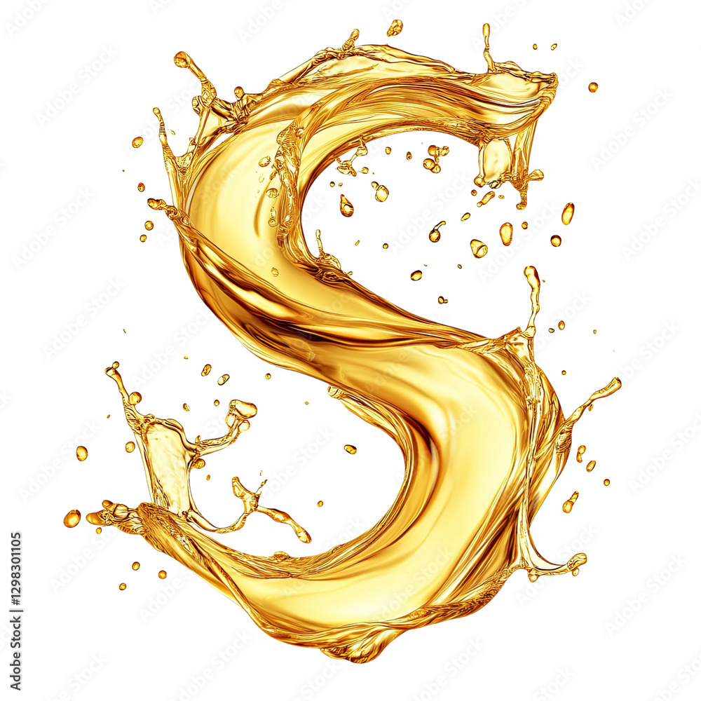 Fototapeta premium A dynamic, flowing S-shaped splash of golden oil isolated on a transparent background.