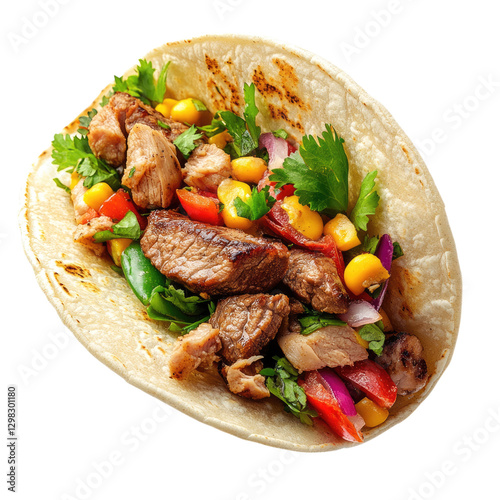 A floating taco with steak, chicken, and vegetables, isolated on a transparent background,