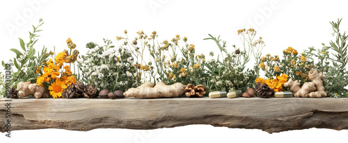 vibrant composition of herbs, flowers, and natural elements arranged on rustic wooden log, showcasing beauty of nature and wellness
