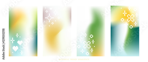 Abstract fantasy nature gradient pattern with pixel sparkle. Pastel light blue, green and yellow color vector banner. Blurry light fuzz bohemian gradient background. Vector soft vertical backdrop set
