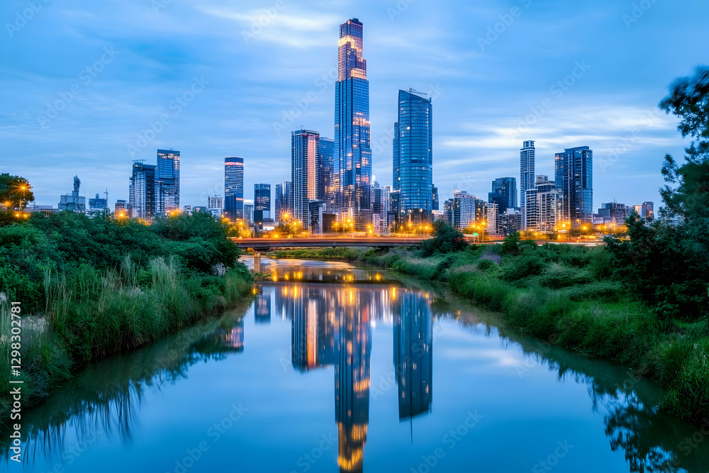 Cityscape Reflection at Dusk, Urban Illustration Cityscape Reflection at Dusk, Urban Illustration