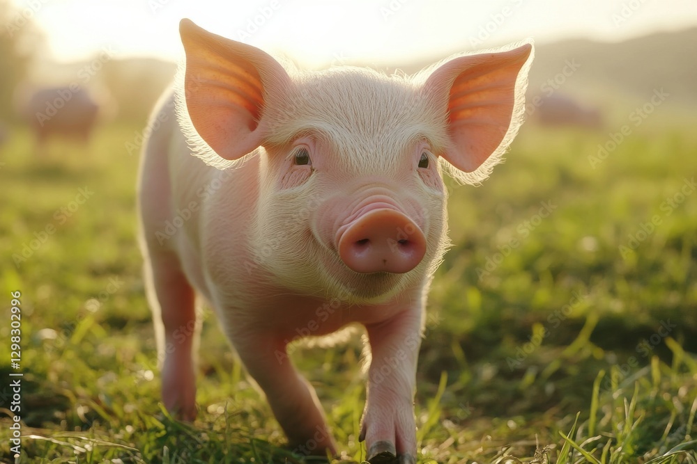 Cute Piglet Smiling in a Sunny Pasture with Soft Green Grass Cute Piglet Smiling in a Sunny Pasture with Soft Green Grass