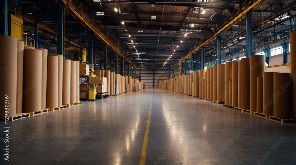 Obraz premium Vast Warehouse Interior Showcasing Industrial Storage of Large Cardboard Rolls in a Well-Lit Space