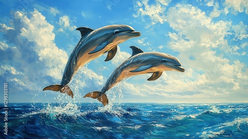A luminous dolphin leaps gracefully from deep blue-green waves; its light azure body glistens with oil paint realism, capturing motion in every detail of its shimmering fins