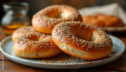 “Family breakfast: homemade sesame bagels, traditional china, ottoman style morning table, texture of linen tablecloth, soft side light”