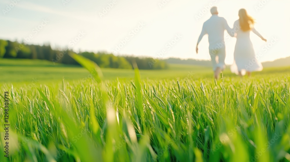 Couple Running Through A Sunlit Green Field Couple Running Through A Sunlit Green Field