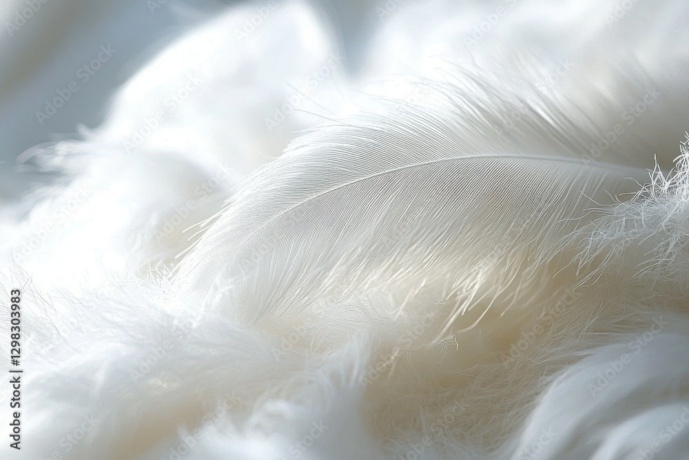 A delicate white feather rests gently on a bed of soft plumage, creating an ethereal and tranquil scene of purity and peacefulness in natural light. A delicate white feather rests gently on a bed of soft plumage, creating an ethereal and tranquil scene of purity and peacefulness in natural light.