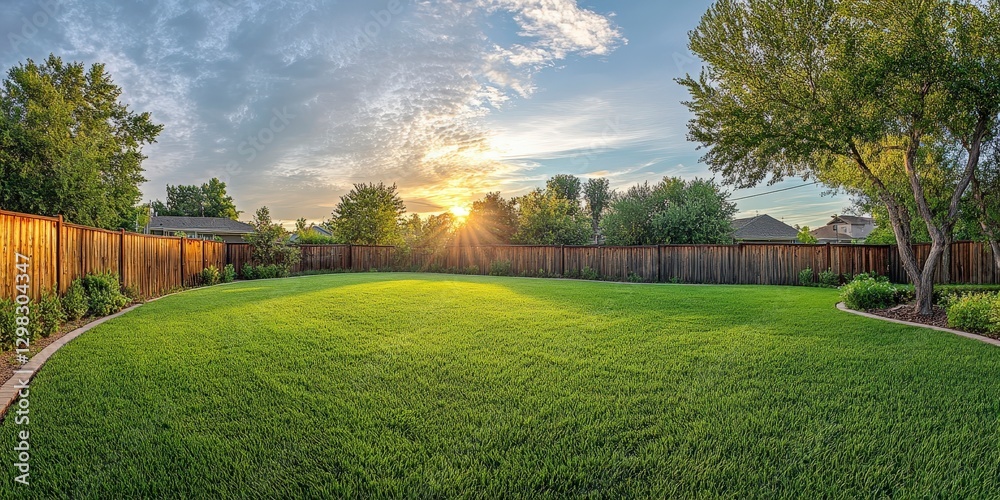 Obraz premium Scenic Sunset Over Lush Green Lawn in Residential Backyard