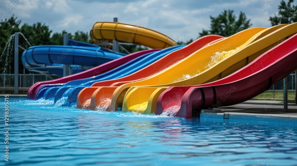 Colorful Water Slides at a Family-Friendly Swimming Pool: A Vibrant Playground for Kids and Adults Alike in a Summer Day Setting Colorful Water Slides at a Family-Friendly Swimming Pool: A Vibrant Playground for Kids and Adults Alike in a Summer Day Setting