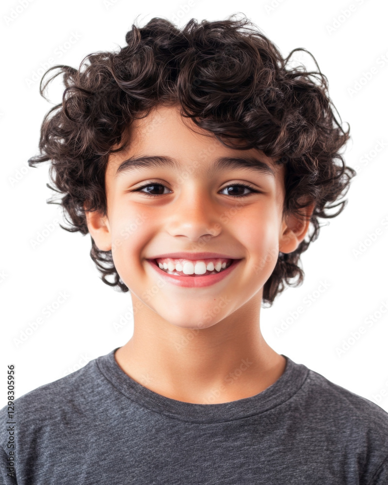 Cheerful young boy with curly hair smiling broadly Cheerful young boy with curly hair smiling broadly