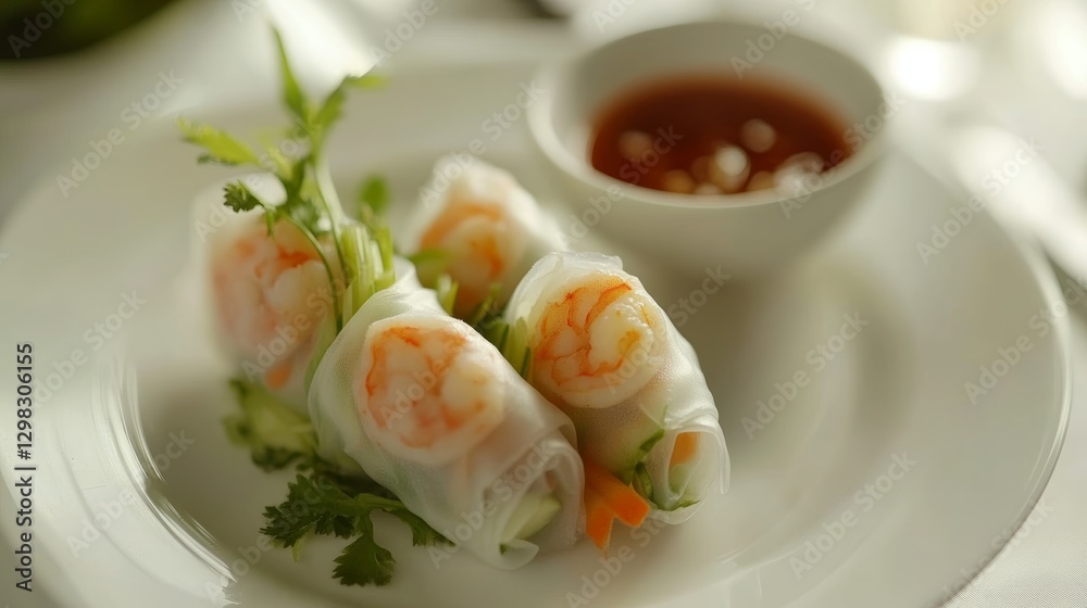 Fresh shrimp spring rolls with vegetables and dipping sauce on plate Fresh shrimp spring rolls with vegetables and dipping sauce on plate