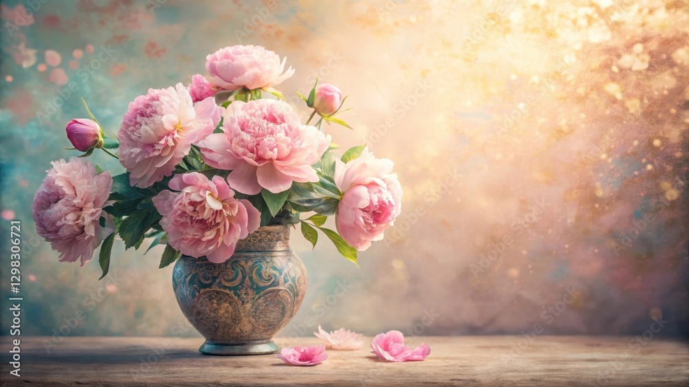 A Delicate Arrangement of Pink Peonies in an Ornate Vase, Bathed in Soft, Golden Light on a Rustic Wooden Surface A Delicate Arrangement of Pink Peonies in an Ornate Vase, Bathed in Soft, Golden Light on a Rustic Wooden Surface