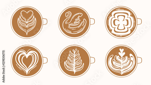 Hand drawn Set of Latte art Coffee , Including Tulip, Heart, Swan, Rosetta. Doodle latte art vector illustration isolated on white background.