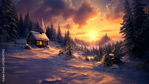 Sunset illuminates a cozy cabin amid a snowy forest in winter scenery