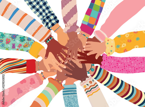 Hands stacked in a circle of multicultural children.Diversity Equality school inclusion.Concept of education community unity or solidarity between group of students or friends.Isolated
