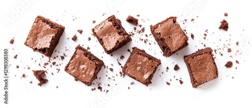 Chocolate Brownies with Crumbs on White Background
