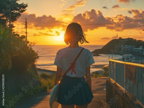 Young Woman Strolling Toward Ocean Under Vibrant Sunset Sky