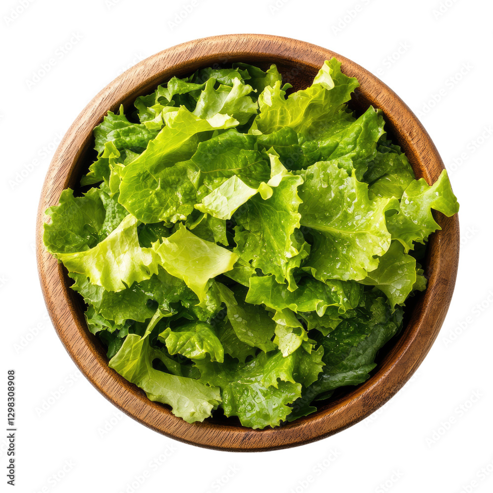 A top-down photograph of a fresh green lettuce salad in a wooden bowl, isolated on a transparent background A top-down photograph of a fresh green lettuce salad in a wooden bowl, isolated on a transparent background