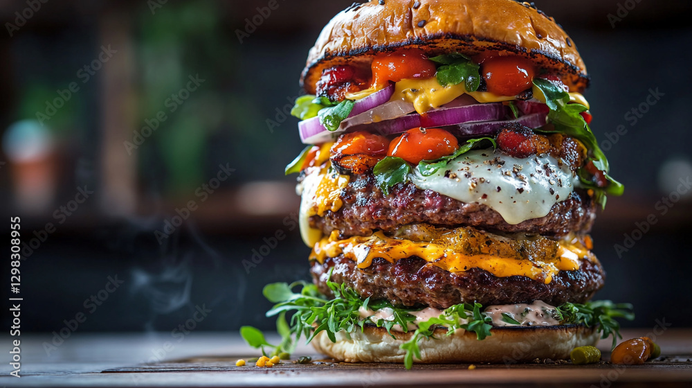 double cheeseburger with grilled vegetables and melted cheese tasty gourmet burger recipe bun food double cheeseburger with grilled vegetables and melted cheese tasty gourmet burger recipe bun food
