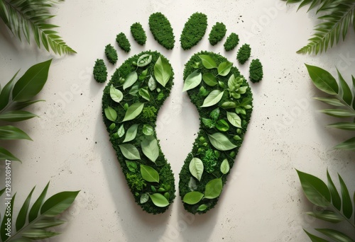 Green ecological footprint made of leaves and moss on textured surface.