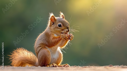 Squirrel eats nut in sunlit meadow. Outdoors with natural blurred background