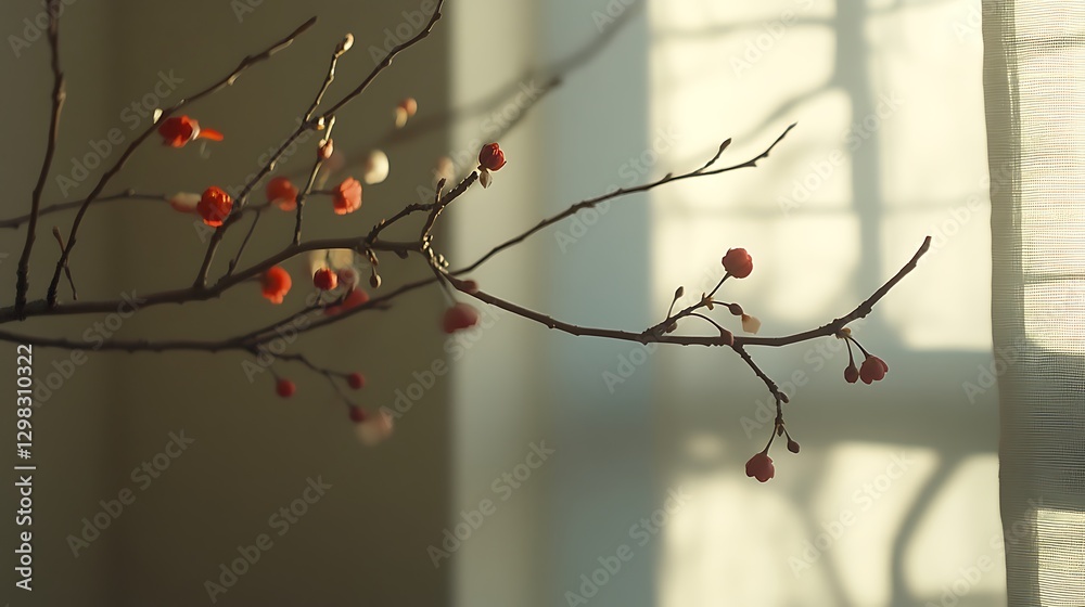 Blooming Branches with Red Buds in Gentle Sunlight by Window Blooming Branches with Red Buds in Gentle Sunlight by Window