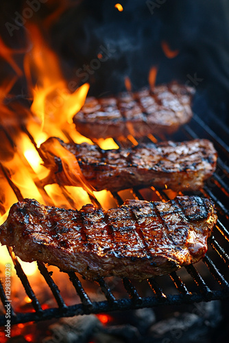 flame grilling meat on a hot glowing coal grill. Generative AI