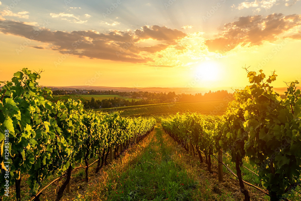 Fototapeta premium Beautiful sunset over a lush vineyard. Generative AI