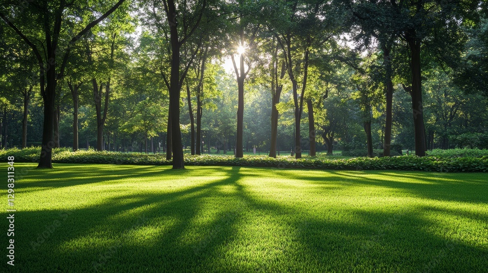 Sunlit forest grove with lush green grass and tall trees