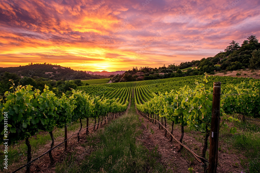 Naklejka premium Beautiful sunset over a lush vineyard. Generative AI