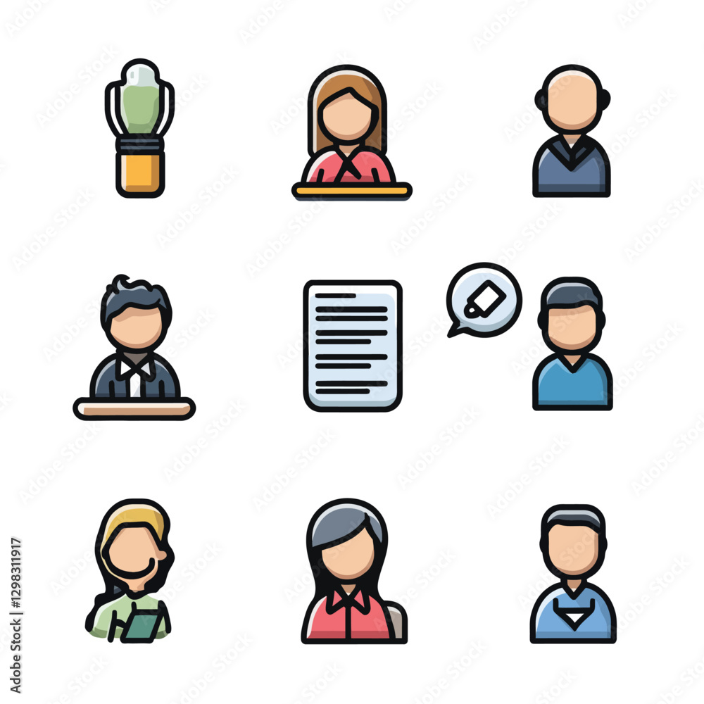 Business Meeting Icons Featuring Diverse Professionals and Documents Design Business Meeting Icons Featuring Diverse Professionals and Documents Design