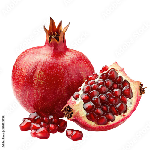Pomegranate with cut open and ajar isolated on transparent background,