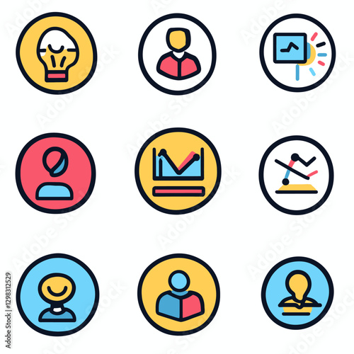 Business Icons Set: Data Analysis, Teamwork, Strategy, and Innovation