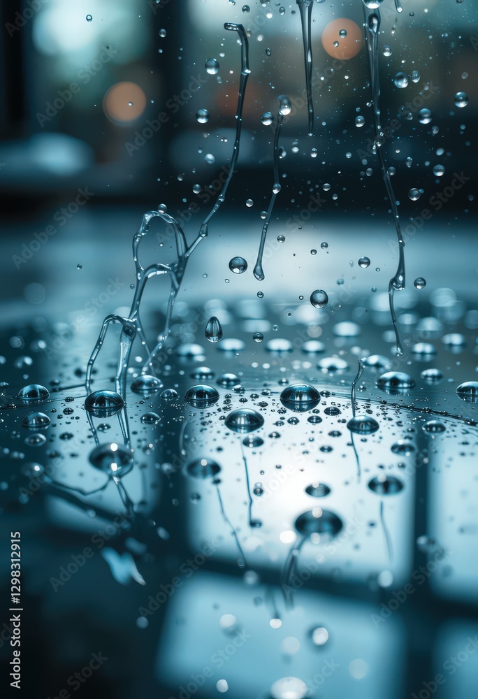 Close-up of water droplets suspended in mid-air reflecting light. Close-up of water droplets suspended in mid-air reflecting light.