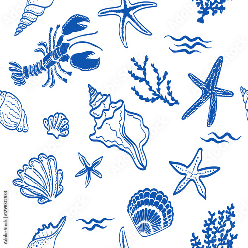 Seamless pattern of sea vibe items. Starfish, lobster, coral, sea shell, waves retro marine texture all over print.