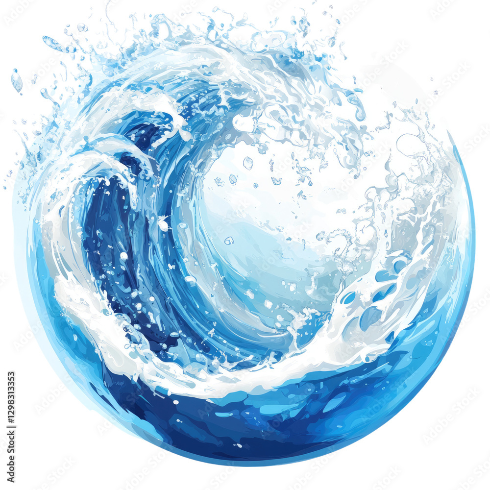 Fototapeta premium A logo of an abstract water sphere, with blue and white colors, featuring a wave design, on a transparent background