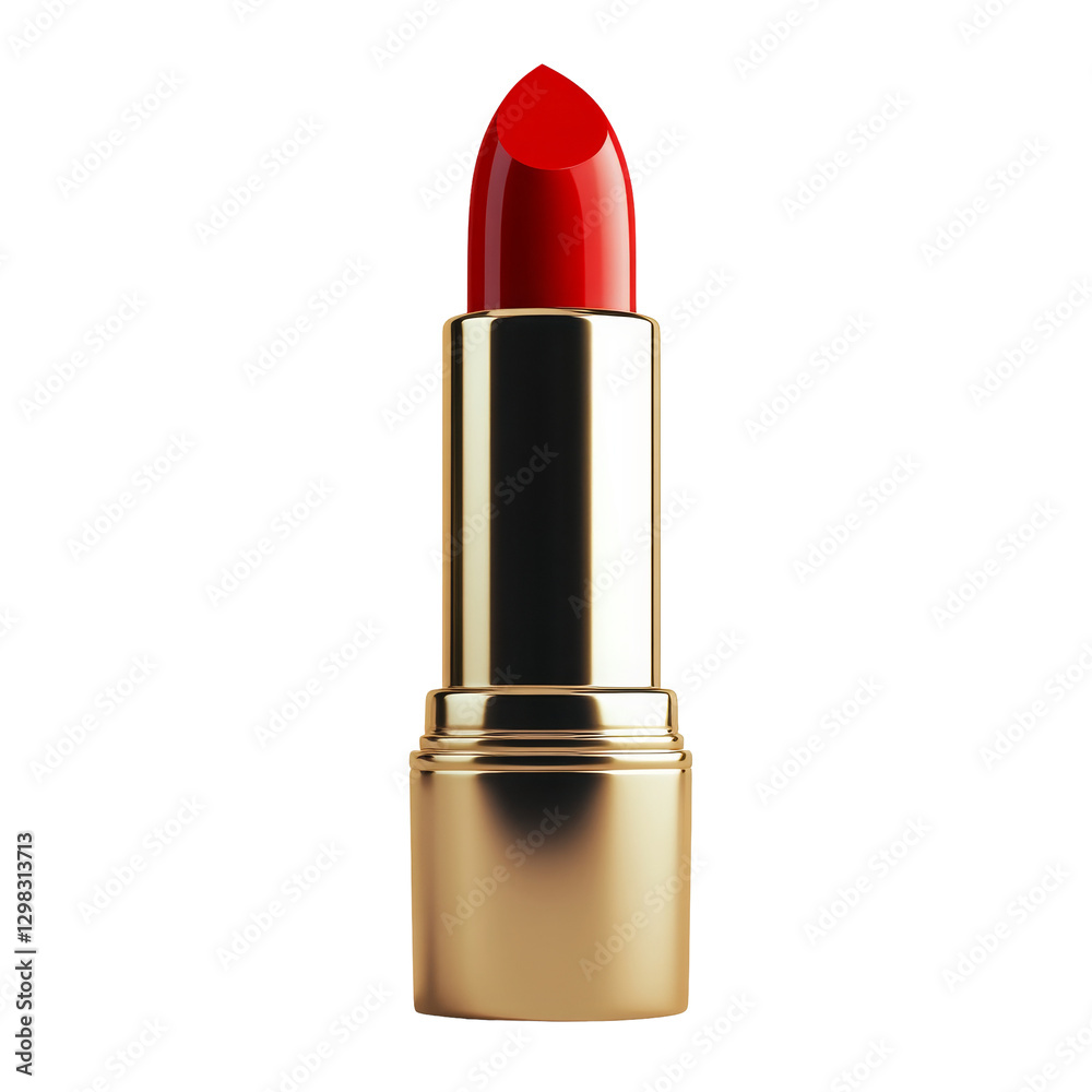 Obraz premium Bright red lipstick in a sleek gold tube on a clean transparent background showcases beauty essentials for makeup lovers, Red lipstick isolated on transparent background, 3D render.