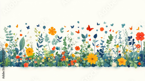 Colorful meadow flowers and butterflies