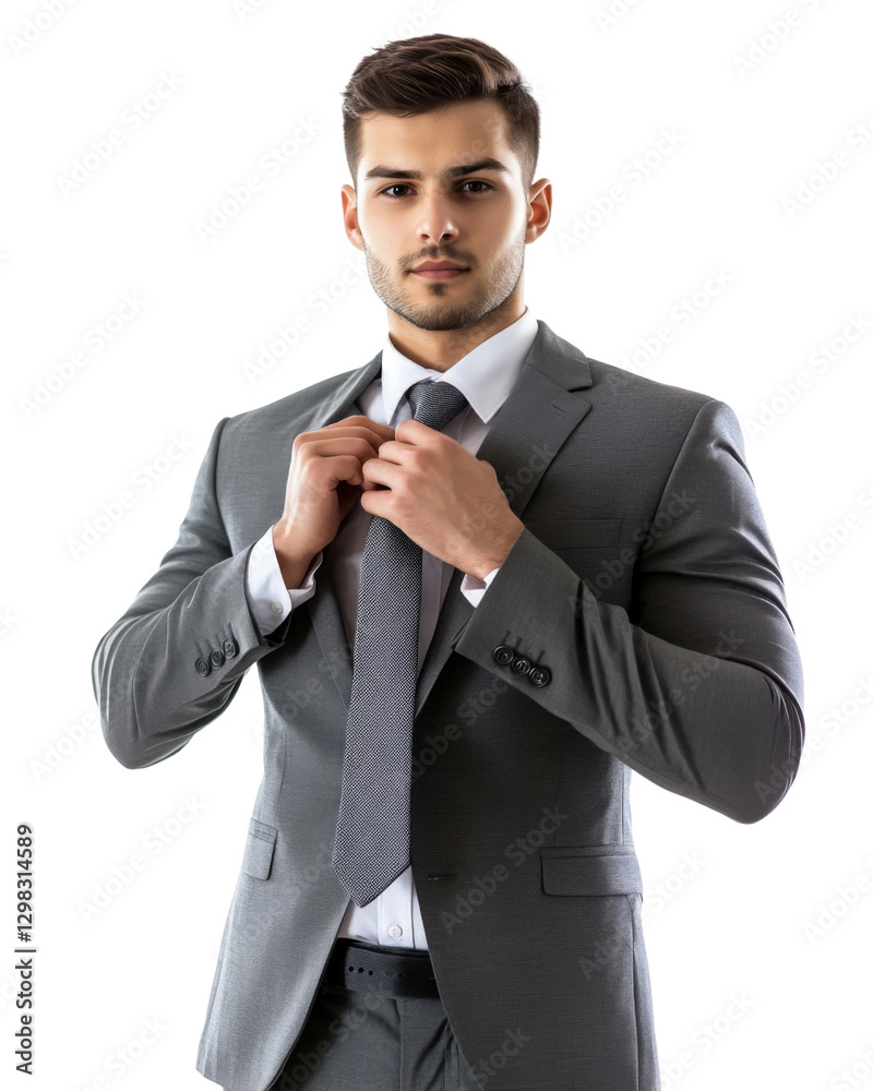 Businessman adjusting his tie on transparent background Businessman adjusting his tie on transparent background