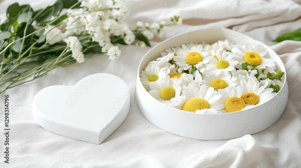 A heart shaped box filled with a graceful and cheerful arrangement of fresh white flowers resting on soft linen fabric creating a romantic and serene still life scene A heart shaped box filled with a graceful and cheerful arrangement of fresh white flowers resting on soft linen fabric creating a romantic and serene still life scene