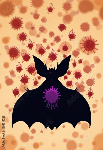Silhouette of a bat with virus particles surrounding it.