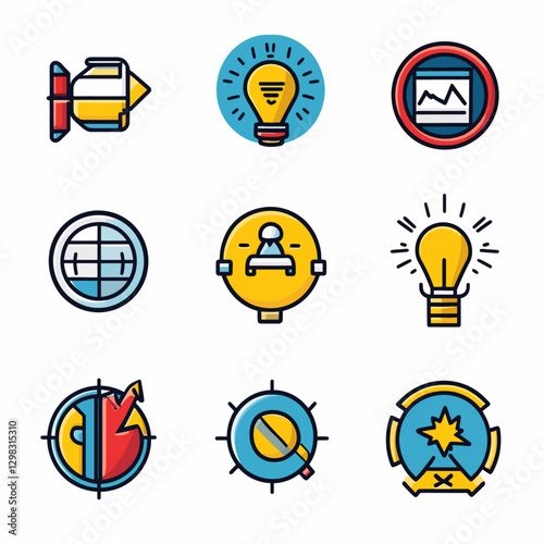 Creative vector icons illustrating business strategy, ideas, and targets