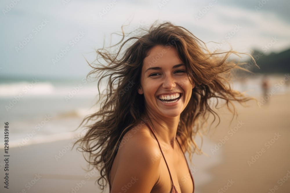 A woman with long hair is smiling and laughing on a beach A woman with long hair is smiling and laughing on a beach