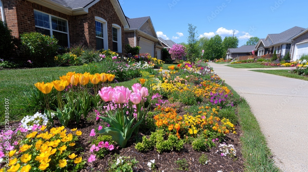 Obraz premium Spring flowers bloom along suburban street