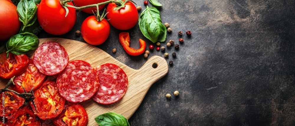 Salami, Tomatoes, and Basil on a Cutting Board Salami, Tomatoes, and Basil on a Cutting Board