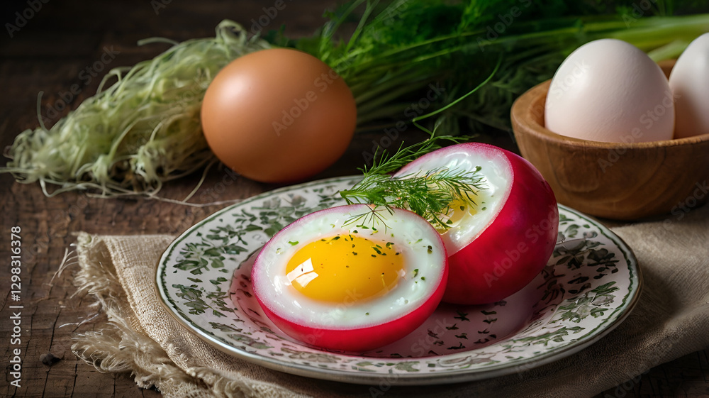 Obraz premium Roasted eggs with greens served on sourdough toast featuring a melting and dripping egg yolk perfect for breakfast or brunch 