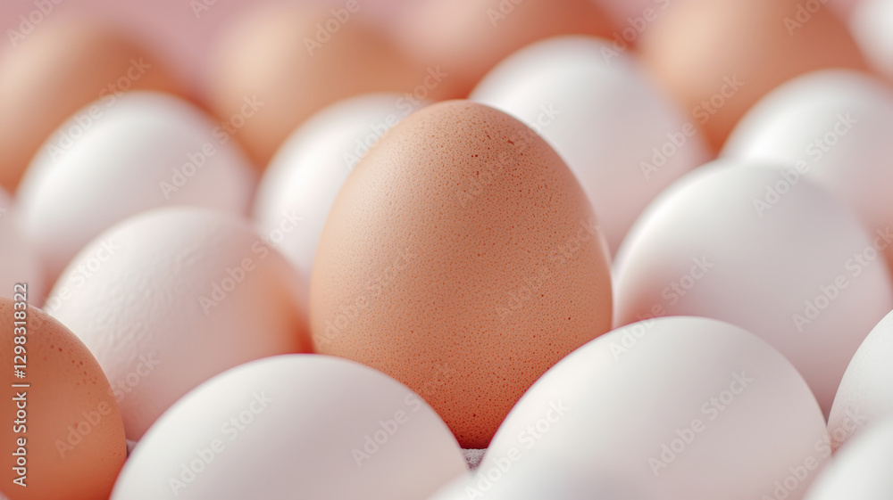 Brown egg differentiating from white eggs in carton, symbolizing individuality, distinctiveness amid uniformity Brown egg differentiating from white eggs in carton, symbolizing individuality, distinctiveness amid uniformity