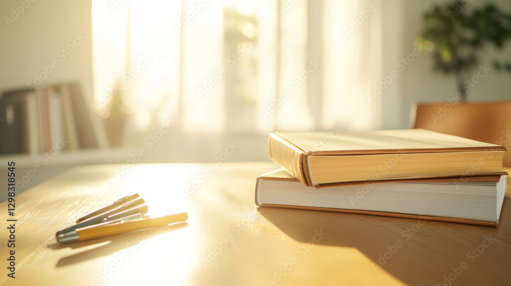 Sunlight illuminates a wooden table with books and pens, creating a cozy atmosphere for studying or writing Sunlight illuminates a wooden table with books and pens, creating a cozy atmosphere for studying or writing