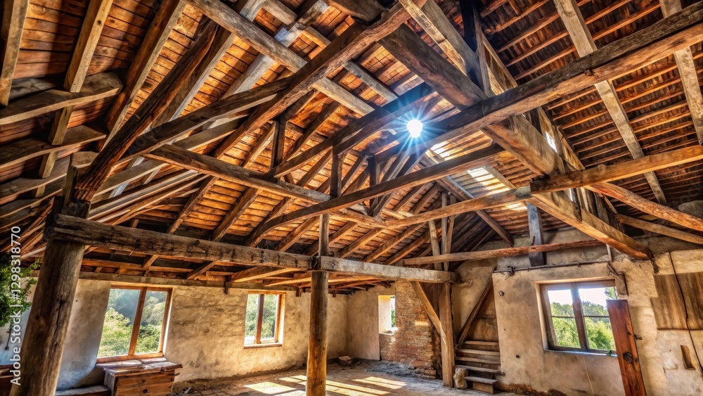 An old house with exposed wooden roof layers and visible beams, home, old house, home An old house with exposed wooden roof layers and visible beams, home, old house, home